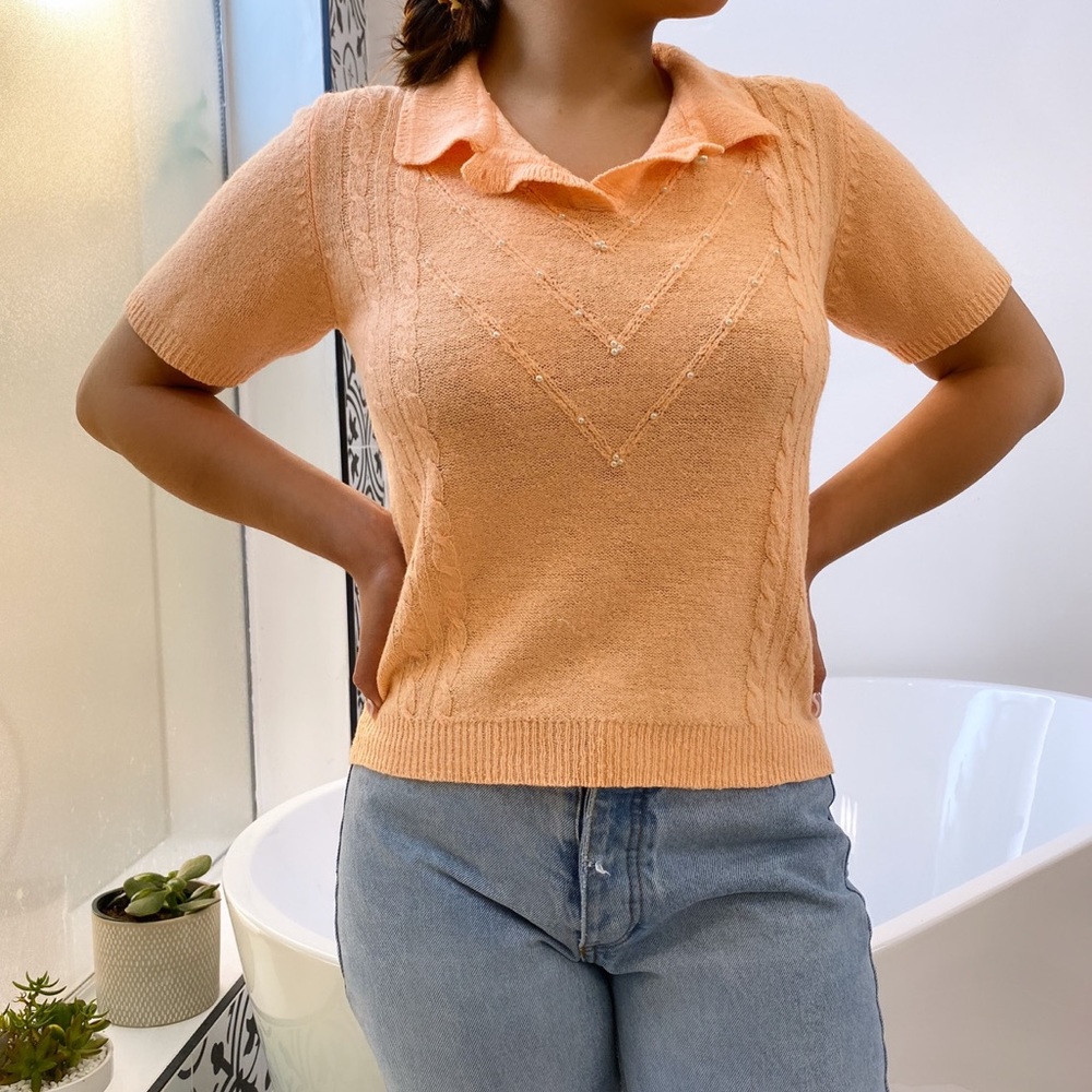 Adorable Vintage Peach Sweater Pearl Details